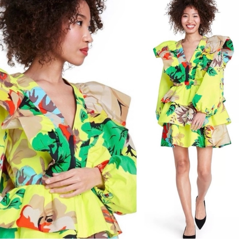 Christopher John Rogers Neon Yellow Floral Mini Dress